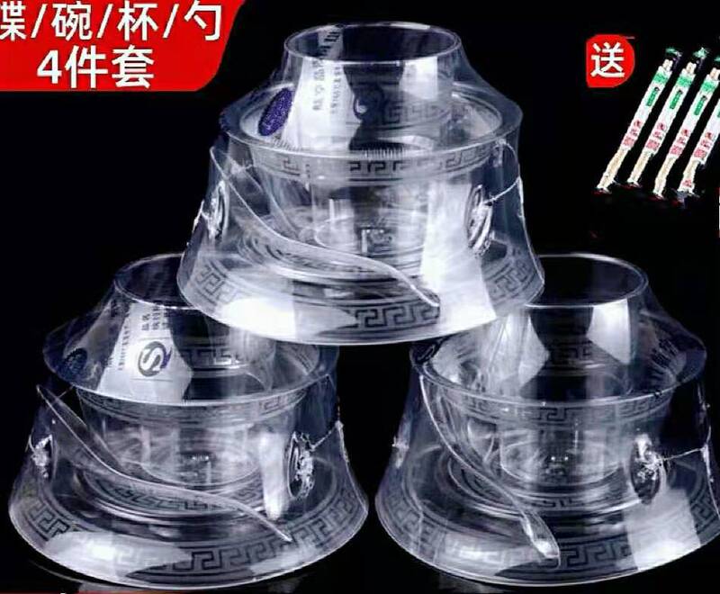 Disposable Bowl Tableware Four-Piece Set Tableware Set Aviation Crystal Cup Spoon Plastic Food Grade Hotel Commercial Wedding