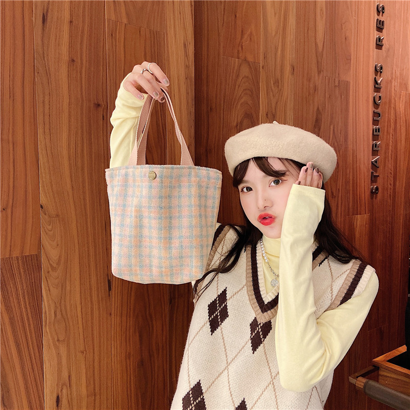 08181 Japanese-style woolen checkered bento bag, ins Korean-style handbag, fresh women's walking lunch box, small handbag wholesale undefined