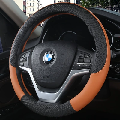 Steering wheel cover: Cover Leather Grip Cover Breathable - high-quality-double-line-black-orange-round
