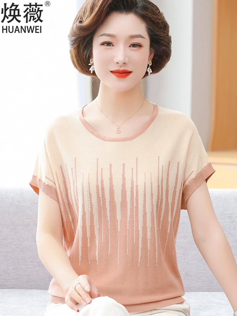 Летняя мода для мам среднего возраста, трикотажный топ с короткими рукавами, тонкая элегантная футболка из ледяного шелка для женщин среднего и пожилого возраста, костюм