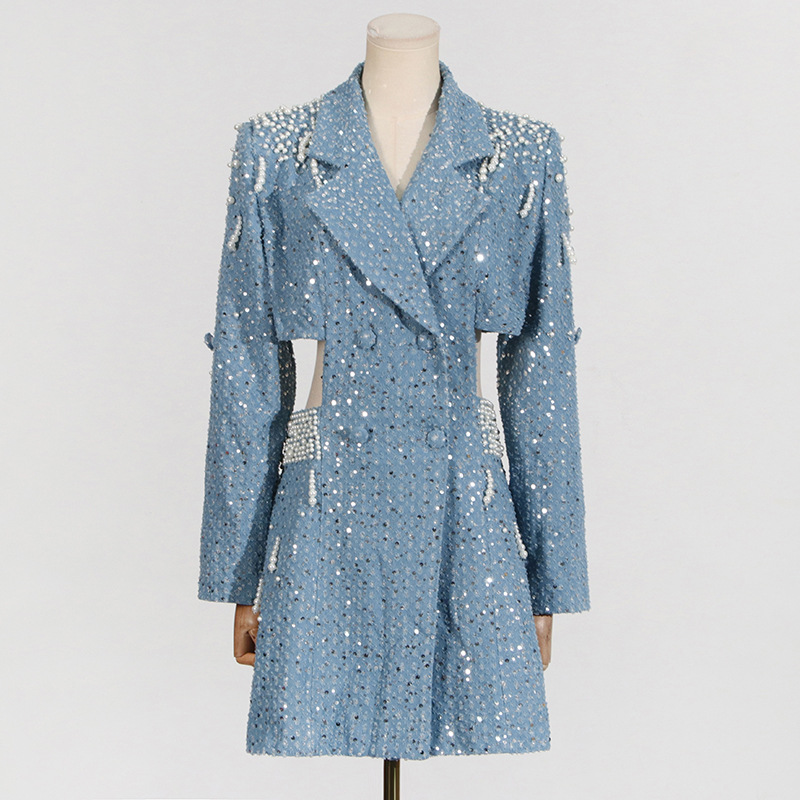 Women's Clothing Elegant Women's Dress With Pearl Embellishments & High Waist Design - Fashionable Long Sleeve A-Line Mini Dress For Summer​_voghion.com