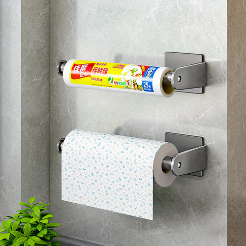 Kitchen paper towel holder without punching plastic wrap bag storage rack wall-mounted household paper roll rod oil-absorbing paper hanger