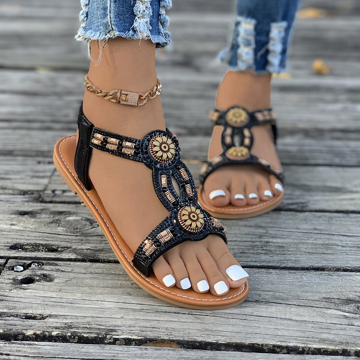 Bohemian 2024 Sommer Neue Perlen Wasser Diamant Bull Muscle Sohle Anti rutsch Schwangere frauen Schuhe Strand Sandalen_voghion.com