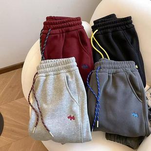 Embroidered Color Drawstring fleece-lined Thickened Pants Women's Winter New All-match Loose Harlan Sports Pants