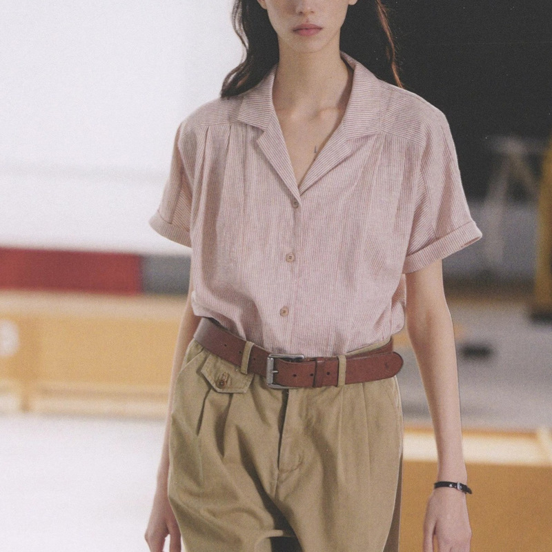 High-Density Organic Cotton Raglan Rolled Edge Sleeves Cuban Collar Stripesd Short-Sleeved Shirt for Women