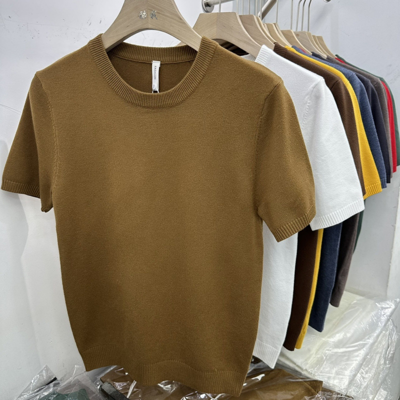Camiseta de hombre de manga corta de punto de verano Camiseta de solapa de trabajo de color sólido delgado de estilo coreano Camiseta elástica delgada de moda al por mayor