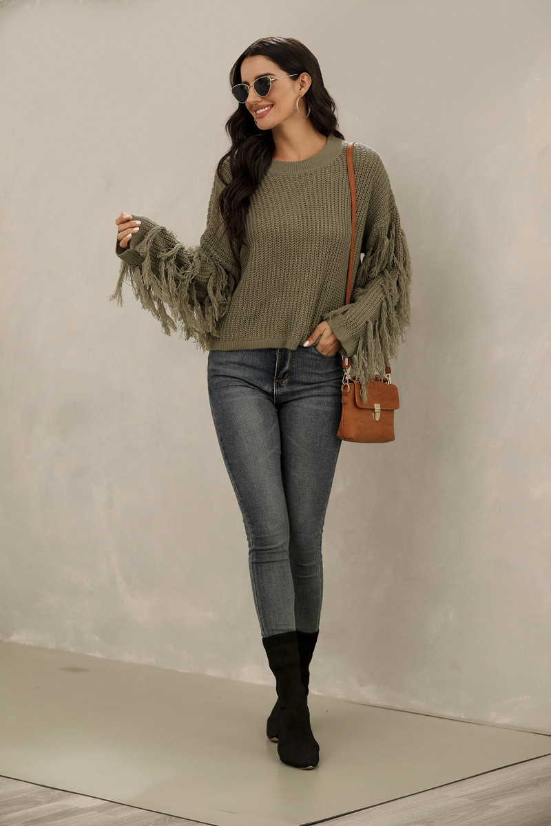 2021跨境新款圓領(lǐng)寬松型時尚長袖帶流蘇毛衣女裝