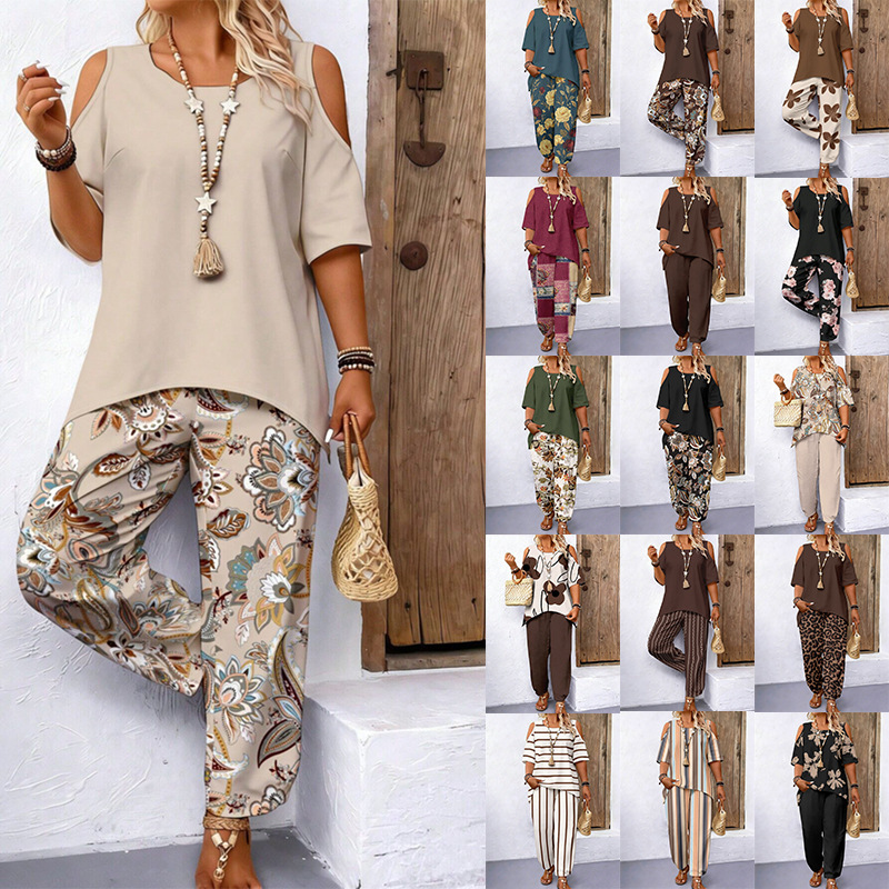 European and American Cross-Border New Casual Suit for Women, Printed Loose Two-Piece Set, Short-Sleeved Long Pants, Fashionable Off-Shoulder Top European and American Cross-Border New Casual Suit for Women, Printed Loose Two-Piece Set, Short-Sleeved Long Pants, Fashionable Off-Shoulder Top