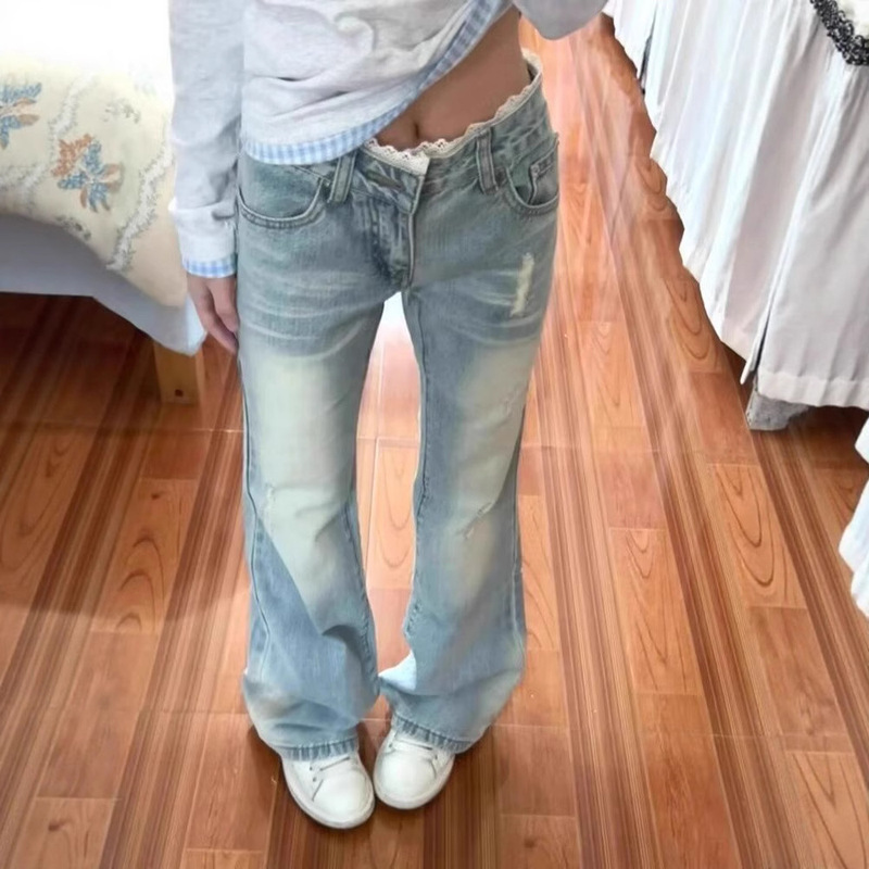Hot Girl's Waist Lace Splicing Micro-Flared Jeans for Women Summer New Low-Waist Non-Leg-Fitting Large Size Horseshoe Pants