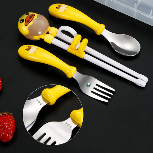 New 304 stainless steel children's cartoon training chopsticks, cute baby food spoon and fork set, portable three-piece set