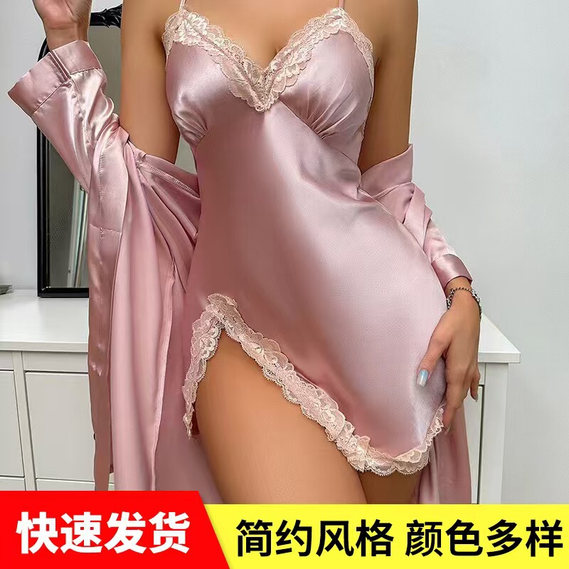 Foreign Trade European and American Popular Suspender Pajamas, Sexy and Tempting, Ice Silk Robe, Soft and Close-Fitting, Factory Direct Sale