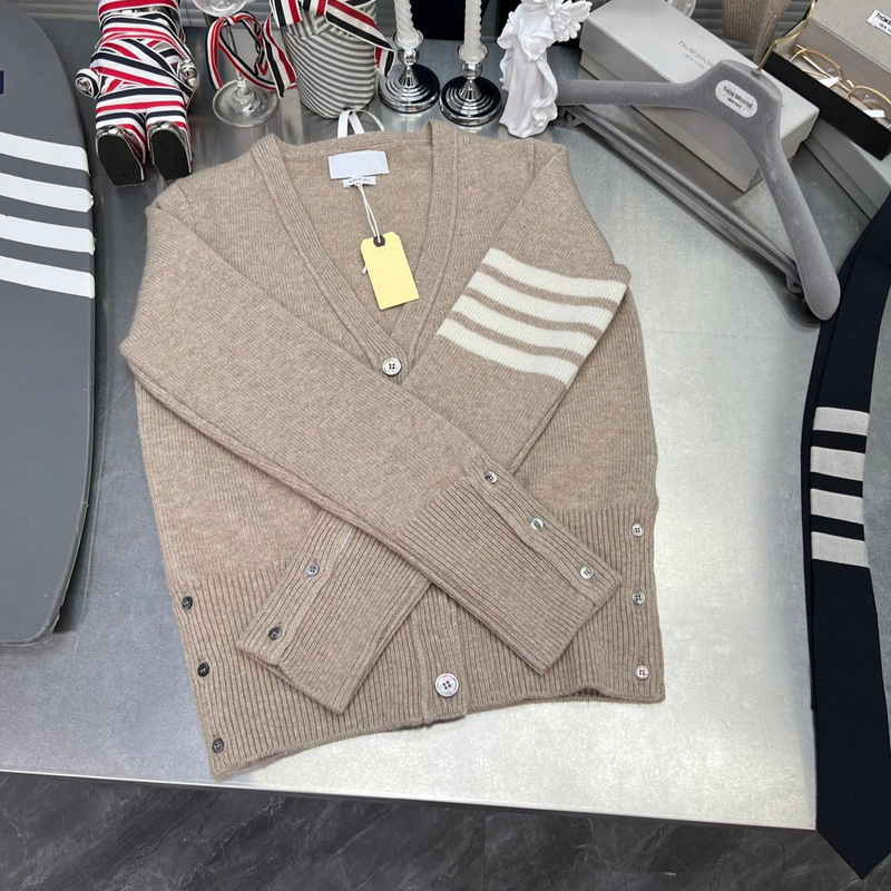 Tb Women's New Cardigan with Striped Four-Bar Design in Oatmeal Color, Casual Slim-Fit Versatile Wool V-Neck Long-Sleeve Knit Sweater Jacket Tb Women's New Cardigan with Striped Four-Bar Design in Oatmeal Color, Casual Slim-Fit Versatile Wool V-Neck Long-Sleeve Knit Sweater Jacket