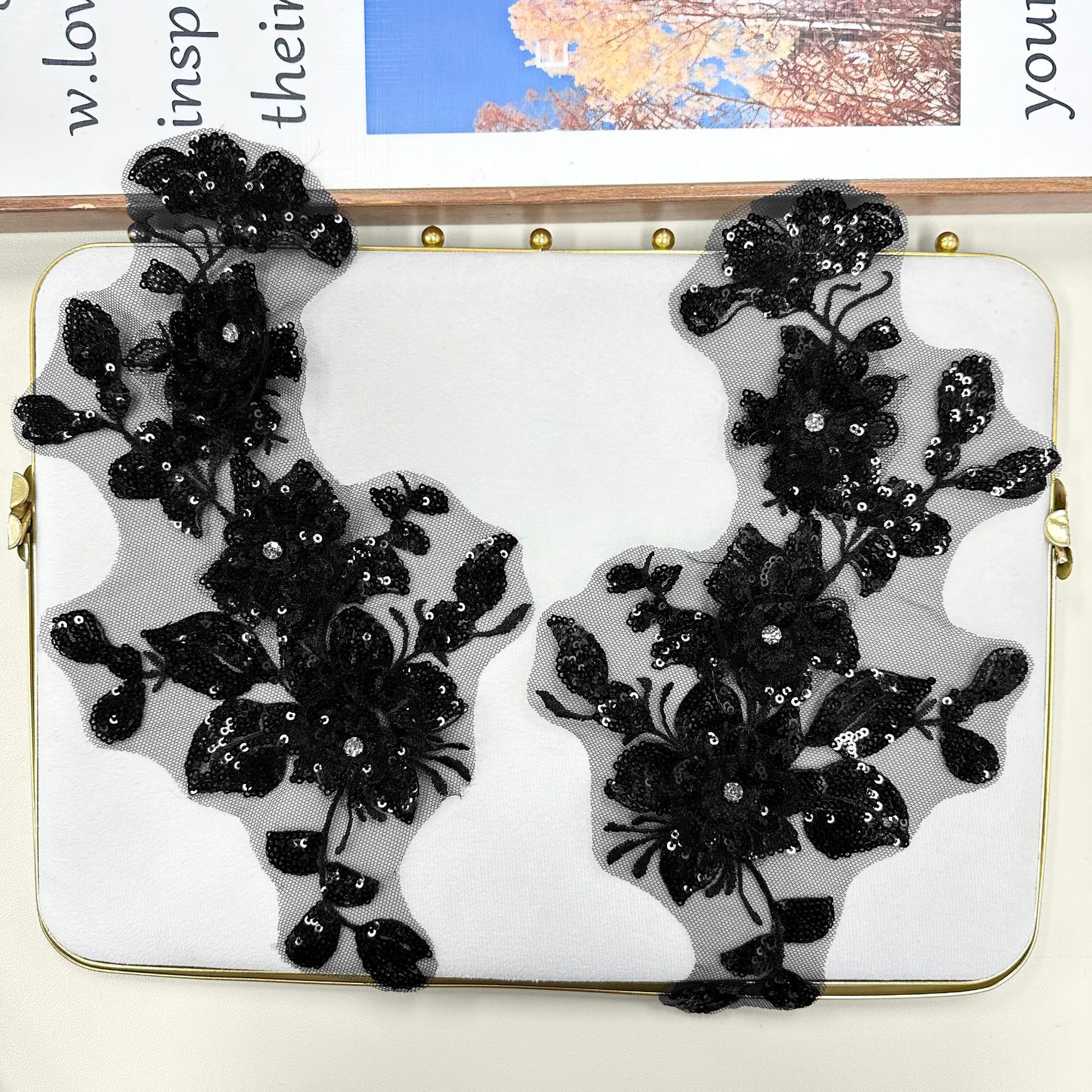 Sequinilla negra diamante floral tridimensional pegatinas de encaje DIY parches de decoración de ropa accesorios de ropa