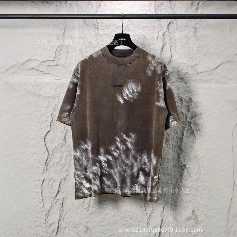 Paris. High-End Summer Alien Smiley Face Letter Logo Graffiti Washed and Distressed Tape Short-Sleeve T-Shirt Paris. High-End Summer Alien Smiley Face Letter Logo Graffiti Washed and Distressed Tape Short-Sleeve T-Shirt