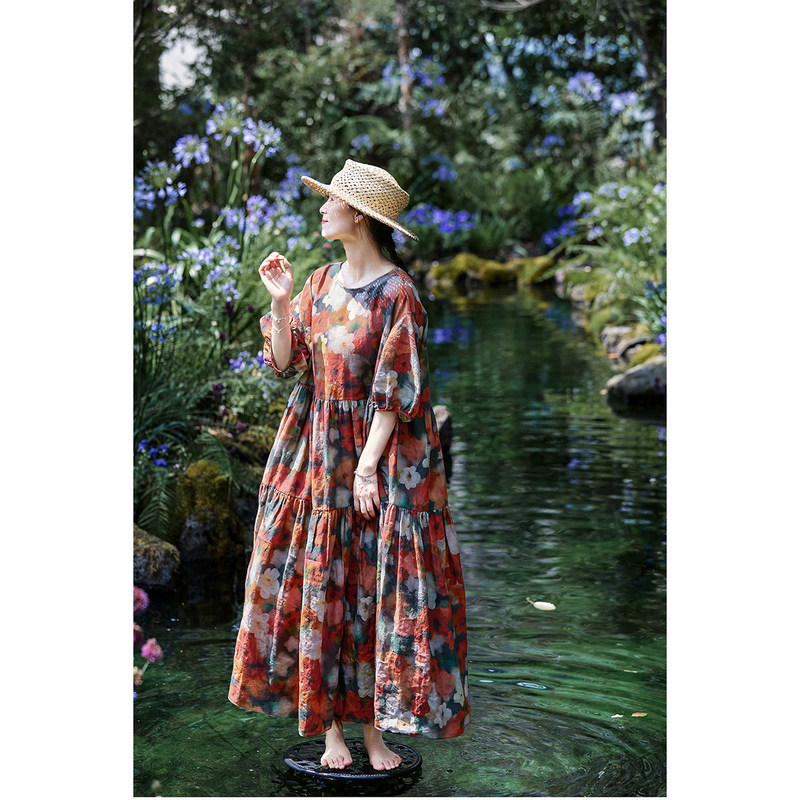 Autumn New Style Vintage Artistic Original Linen Lightweight Printed Loose-Fitting Slimming Round-Neck Dress Autumn New Style Vintage Artistic Original Linen Lightweight Printed Loose-Fitting Slimming Round-Neck Dress