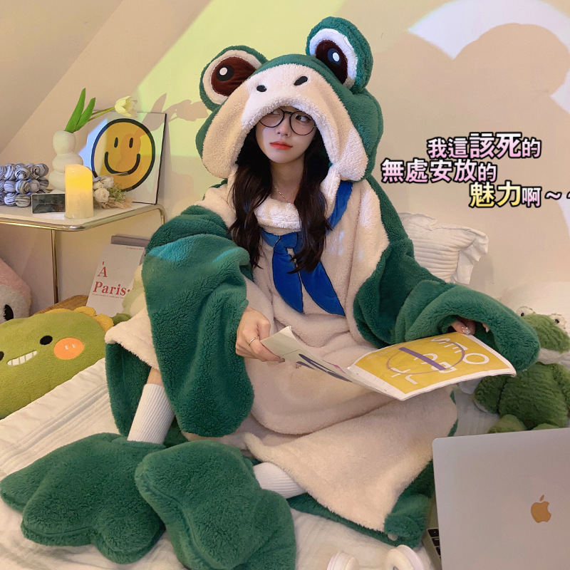 Peces feos pijamas de lana de coral de las mujeres Otoño e Invierno engrosada cálida franela con capucha camisón de invierno de longitud media homewear