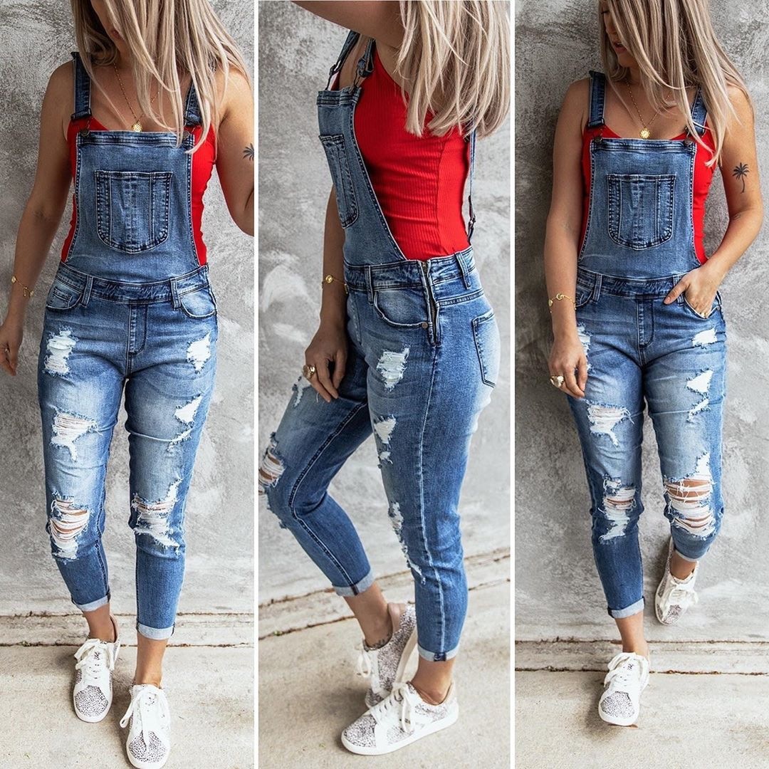 2026 European and American Cross-Border Foreign Trade Autumn and Winter New Women's Fashion Ripped Slim-Fit Stretch Denim Overalls for Women