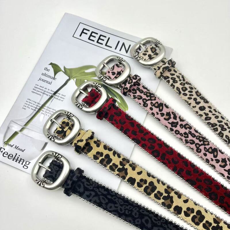 Leopard-print horsehair series belt ancient silver round buckle leopard-print belt women's y2k jeans skirt accessories fashion all-match