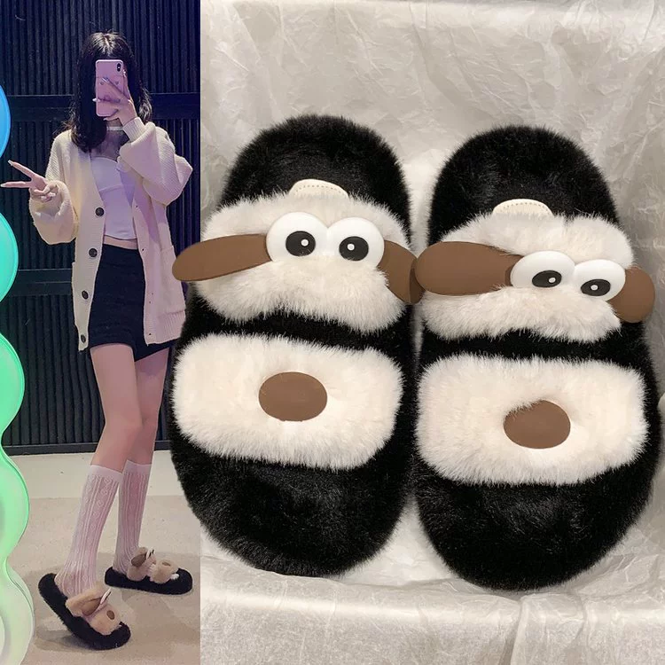 Мягкий свистящий мультфильм щенок шерстяные тапочки женский 2024 осень и зима новый толстое дно увеличено, дикие милые хлопчатобумажные тапочки