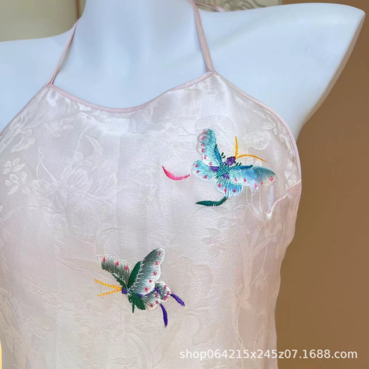 Women's Antique Silk-like plus size Pajamas Embroidered Bellyband Home Clothes Sling with Chest Pad Chinese-style Ice Silk Underwear