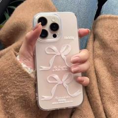 ピンクのリボン付きアクリル製スマホケース Apple 16Pro/iPhone16promax 2-in-1 軽量高級感