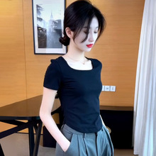 短袖女t恤夏方领显瘦u领弧形下摆收腰锁骨小个子短款修身正肩上衣