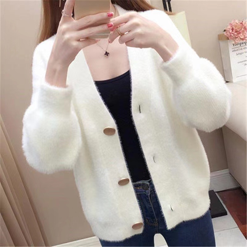 2023 otoño y el invierno nuevo estilo coreano Faux visón terciopelo punto cardigan abrigo suéter de las mujeres corto flojo exterior superior