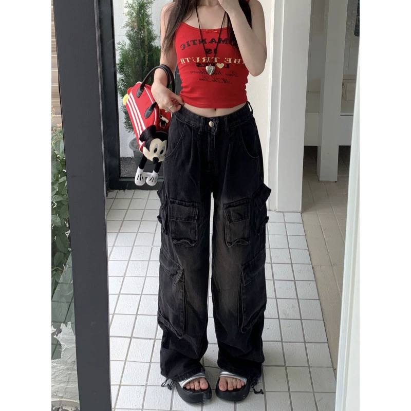 2024-Май мульти-карманный дизайн чувство высокой улицы американские джинсы для женщин широкие ноги свободные брюки
