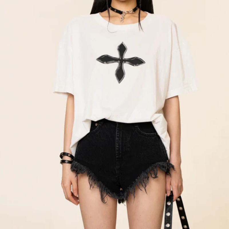 秋の新作 SMFK ドリームクロスフラワーレトロラウンドネックワイドTシャツ3色オプション半袖ルーズTシャツ女性用|undefined