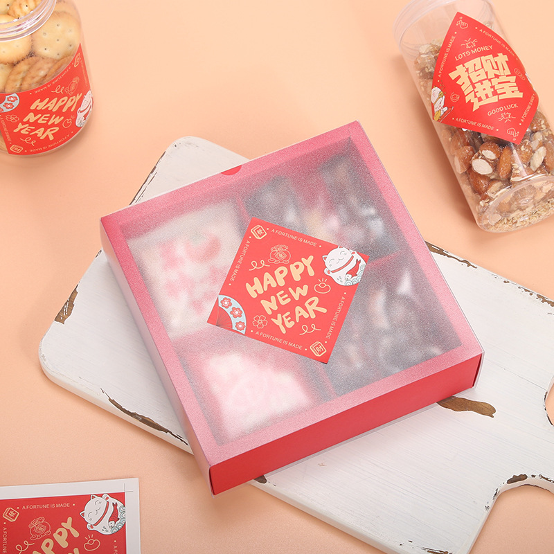 Año nuevo cuadrado rojo afortunado gato adhesivo para hornear caja decorativa Etiqueta de sellado de dibujos animados de Ventas Directas