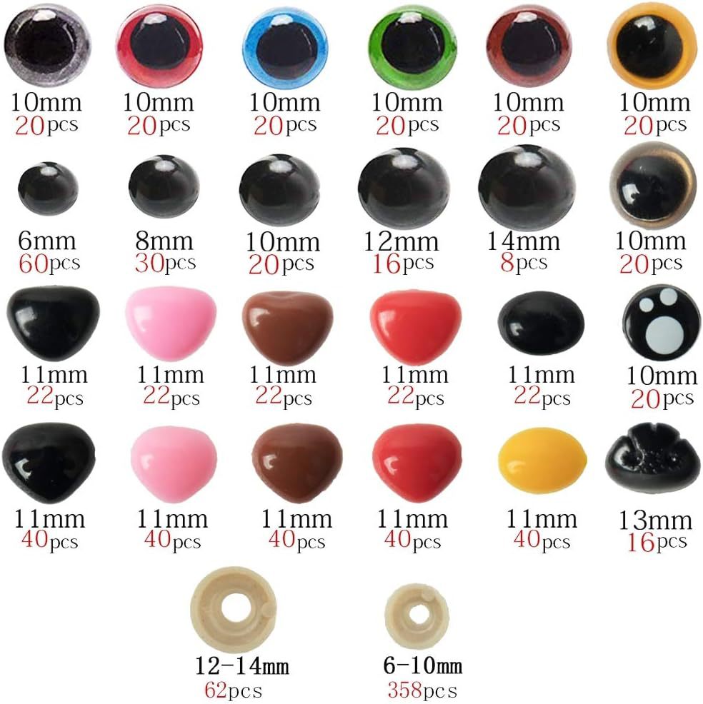 Set de 1040 piezas de ojos y narices de plástico negro para muñecas, accesorios DIY en caja de almacenamiento