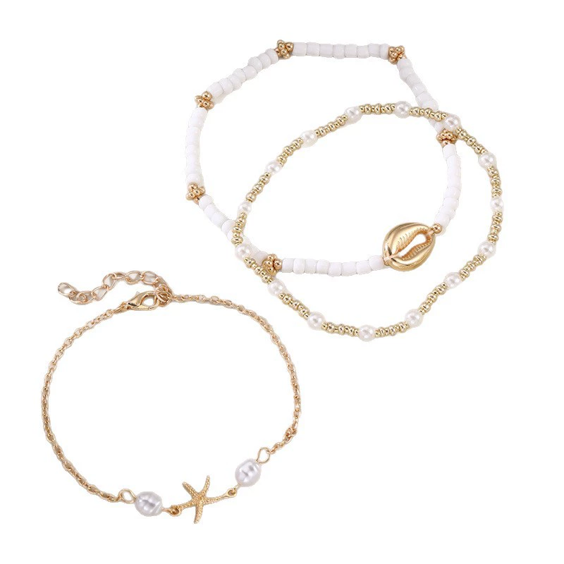 Ankle Bracelet, Boho Beach Style White Elastic Pendant, Shell & Starfish Accent
