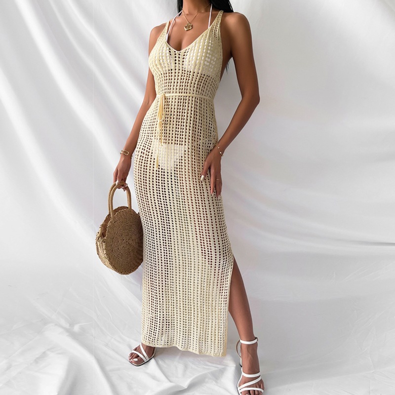 Summer Season Wholesale Women's Sexy Hollow Out Backless Solid Color Beach V Neck Sleeveless Irregular Skirt