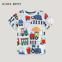 2024夏季新品男童短袖T恤中小童卡通火車印花套頭衫休閒圓領上衣