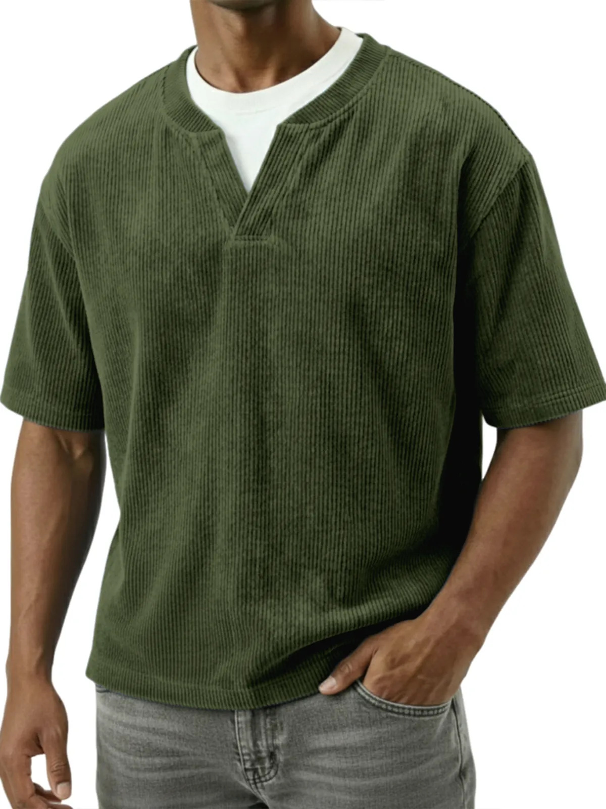 T-shirt uomo casual in velluto a coste con doppio collo_voghion.com
