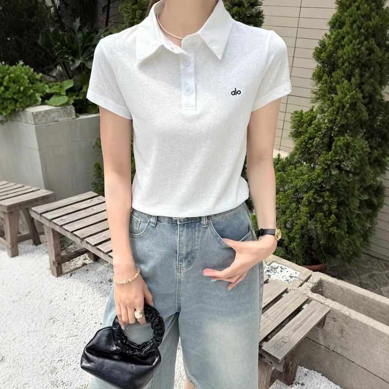 Aio Letter Embroidered Polo Shirt for Women 2025 Summer Slim Fit Turn-Down Collar Short-Sleeve T-Shirt Versatile Top Shirt Collar