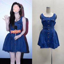 邓家佳明星同款牛仔吊带连衣裙女2025夏新款法式小个子收腰蓬蓬裙