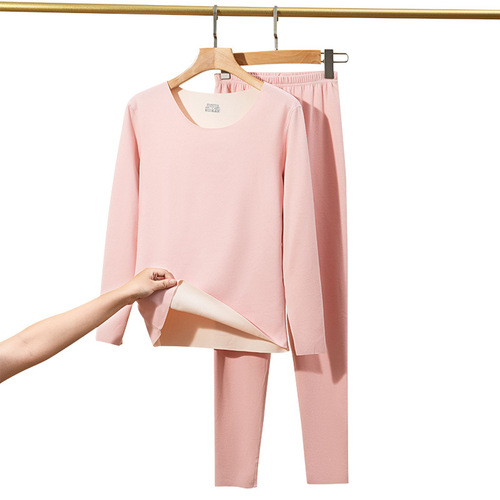 Autumn and winter AB surface brushed seamless thermal underwear thickened and velvet women's cotton sweater autumn coat and long trousers set