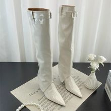 白色气质细跟皮带扣长筒靴女2025秋冬欧美漆皮高跟显瘦两穿高筒靴
