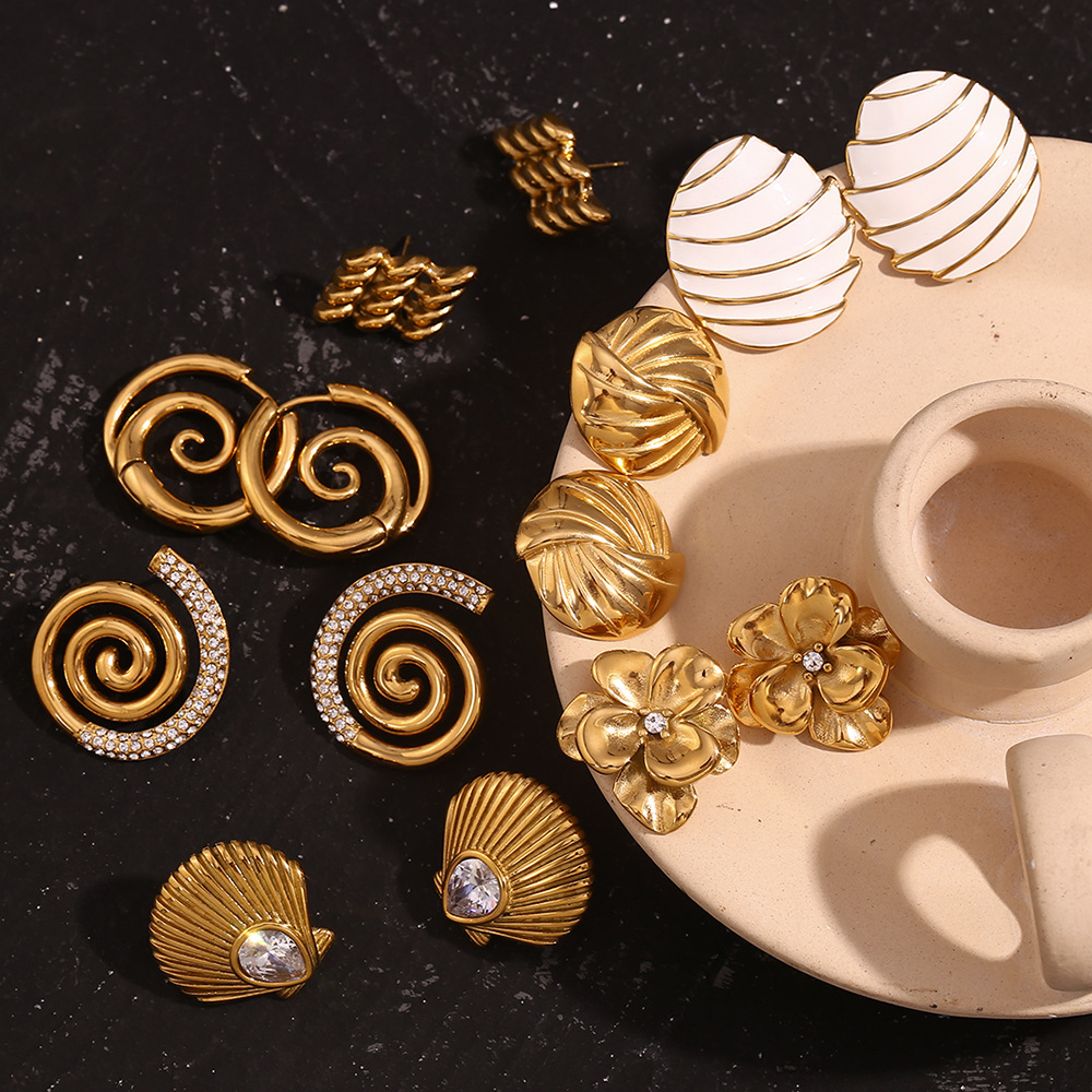 Micro Inlaid Conch Flower Drip Oil Stainless Steel Earrings