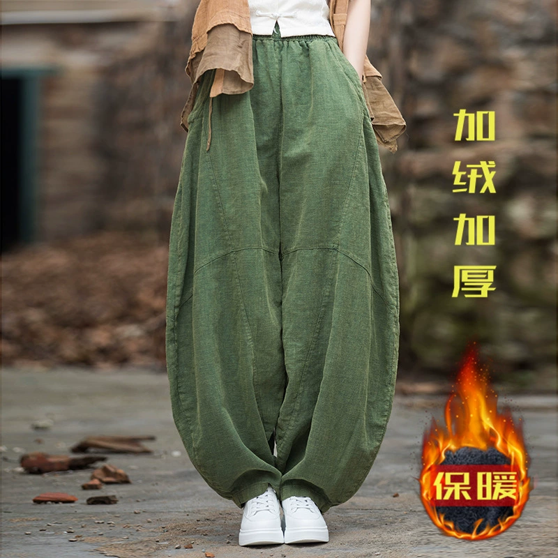 Новые женские длинные брюки для медитации из хлопка и льна, утепленные флисом, в винтажном стиле, с эффектом окрашивания, модель «фонарь», для зимы
