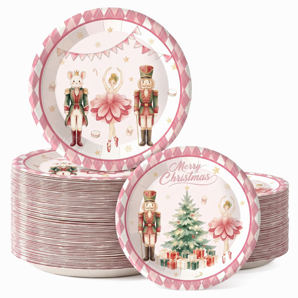 Cross-border pink nutcracker Christmas disposable paper plates, ballet girl fairy tale themed party decorations, tableware