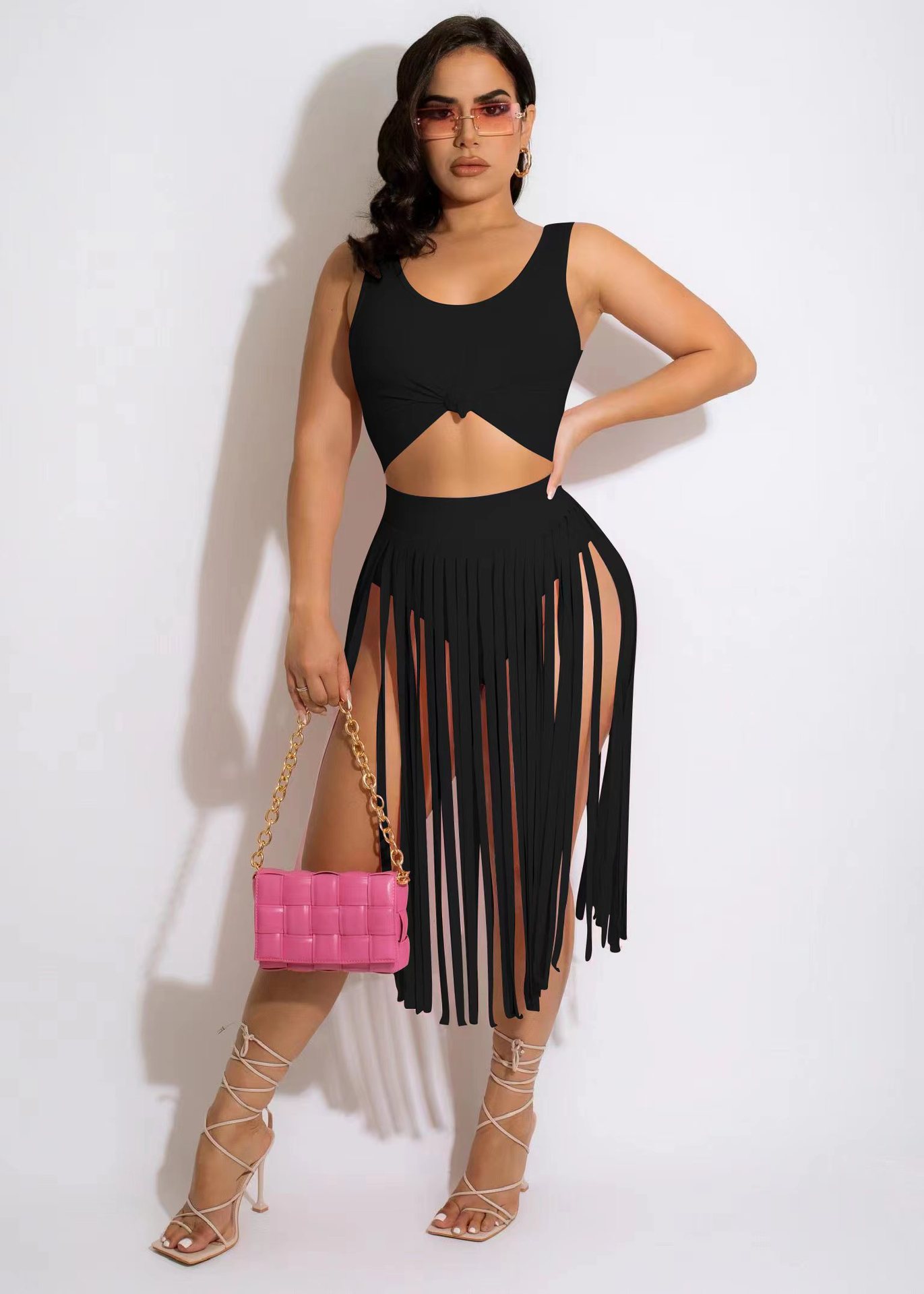 sling tight high waist tassel solid color vest and Culottes two-piece set NSYMS134824