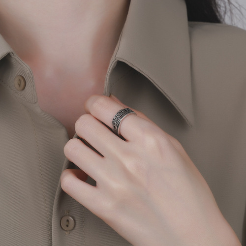 Caroge Retro Thai Silver Chinese Style Coins Copper Money Lucky Ring Women's Double Line Open Ring