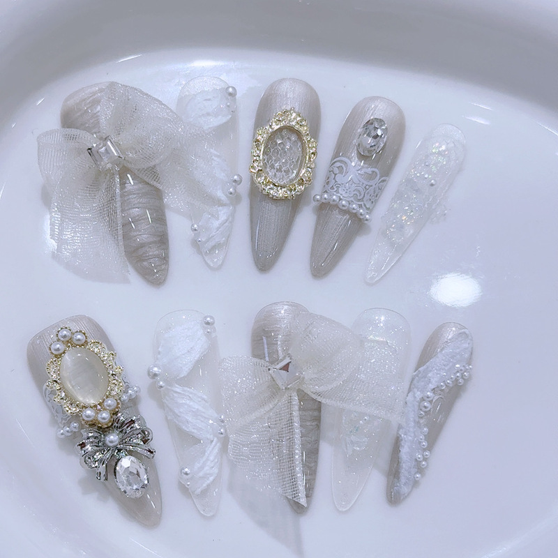 Hand-Wearing Fairy Fluttering High-Level Light Luxury Lace Bow Fake Nail Patch Finished Removable Hand-Wearing Fairy Fluttering High-Level Light Luxury Lace Bow Fake Nail Patch Finished Removable