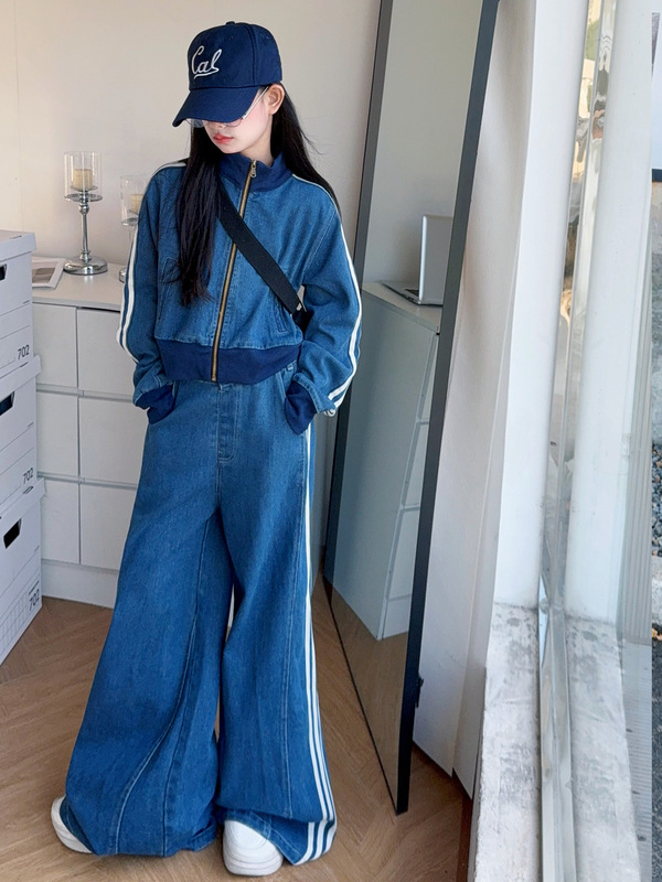 女童牛仔套装秋季2025新款中大童时尚洋气潮港风复古拉条牛仔套装|undefined