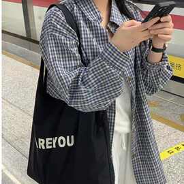 复古撞色格子慵懒风长袖衬衫女春秋新款休闲宽松百搭防晒衣薄外套