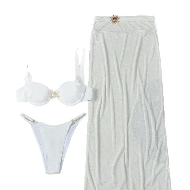 Nuevo traje de baño de tres piezas con cordones bikini sexy traje de baño dividido bikini europeo y americano color sólido falda de playa delgada