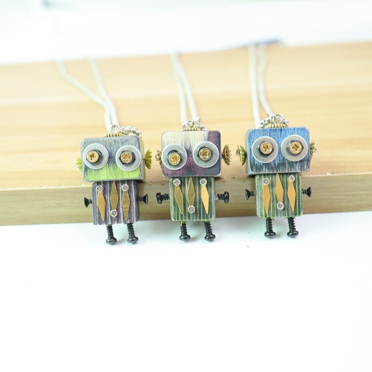 Cross-border Wooden handmade robot steampunk style DIY wooden block necklace keychain creative handmade chain