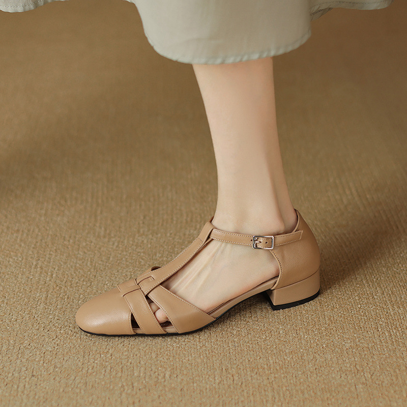 Sandal nữ bít mũi khóa chữ T phong cách La Mã cổ điển, gót thấp — Màu trắng be chi tiết 21